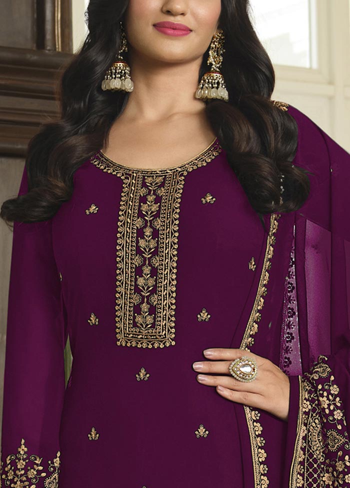 3 Pc Purple Semi Stitched Georgette Suit Set In China