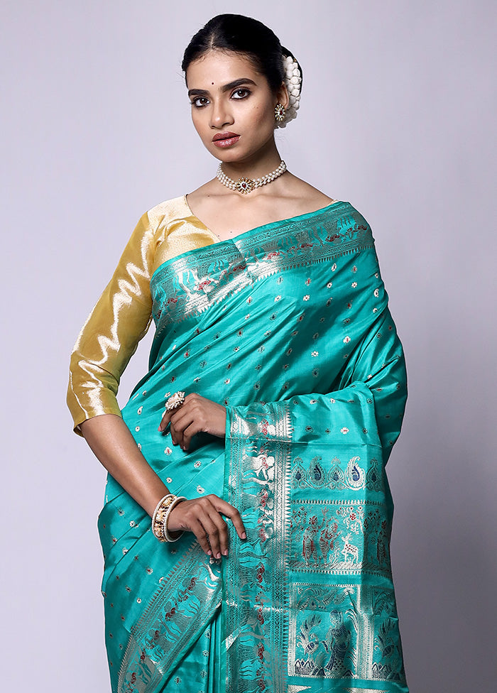 Green Handloom Baluchari Pure Silk Saree With Blouse Piece Discount Online Online