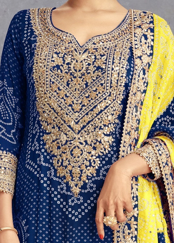 3 Pc Blue Semi Stitched Silk Suit Set Free Shipping New Styles