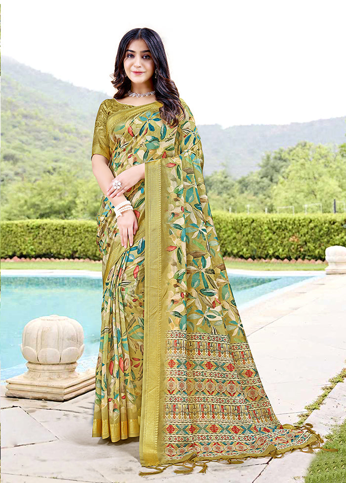 Olive Green Spun Silk Saree With Blouse Piece Buy Authentic Online