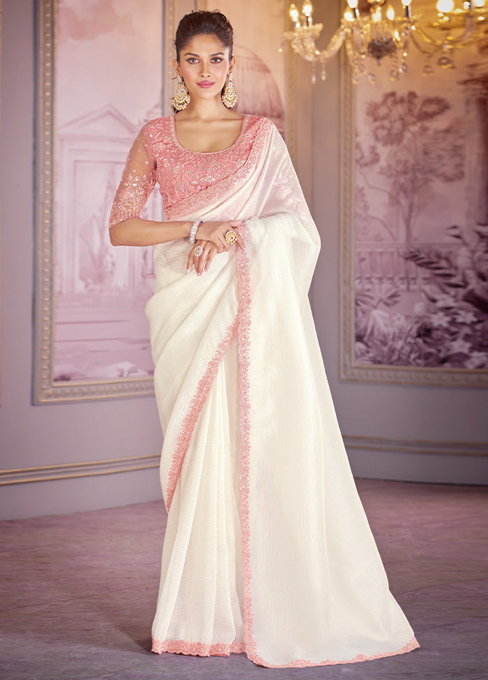 White Spun Silk Saree With Blouse Piece New Arrival Cheap Pice