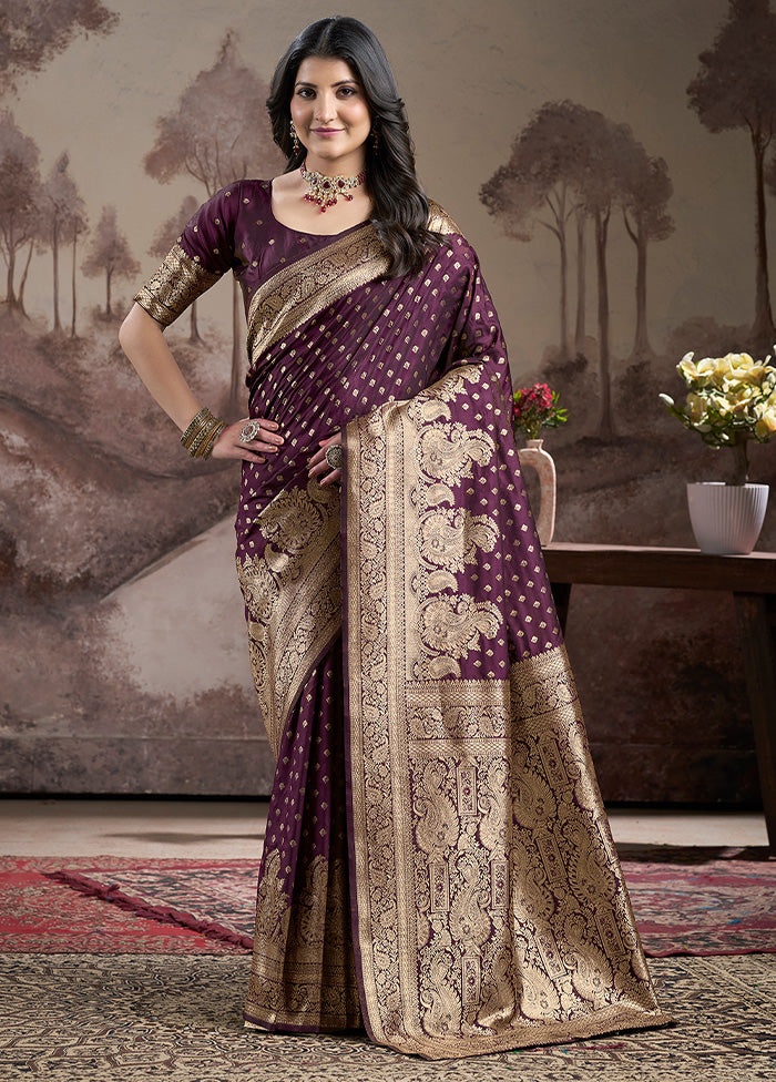 Wine Spun Silk Saree With Blouse Piece Clearance Hot Sale