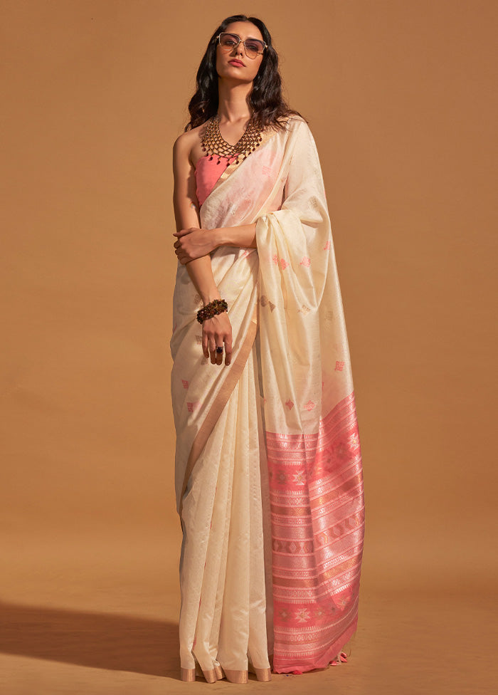 Cream Spun Silk Saree With Blouse Piece With Paypal Low Pice