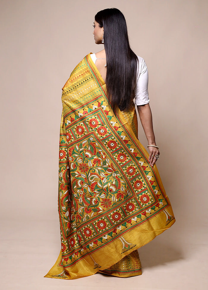 Yellow Handloom Kantha Stitch Pure Silk Saree With Blouse Piece Popular Cheap Online