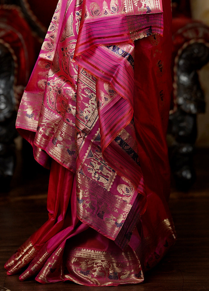 Pink Handloom Baluchari Pure Silk Saree With Blouse Piece Discount For Cheap