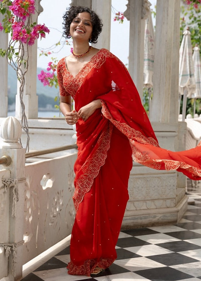 Red Organza Saree With Blouse Piece Finishline