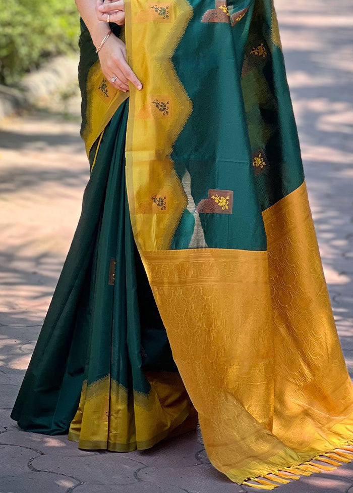 Bottle Green Banarasi Silk Saree With Blouse Piece Cheap Sale 2025 Unisex