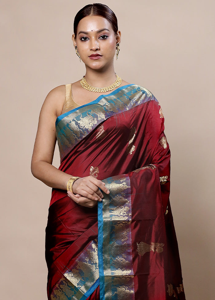 Maroon Handloom Kanjivaram Pure Silk Saree With Blouse Piece Wide Range Of Cheap Pice