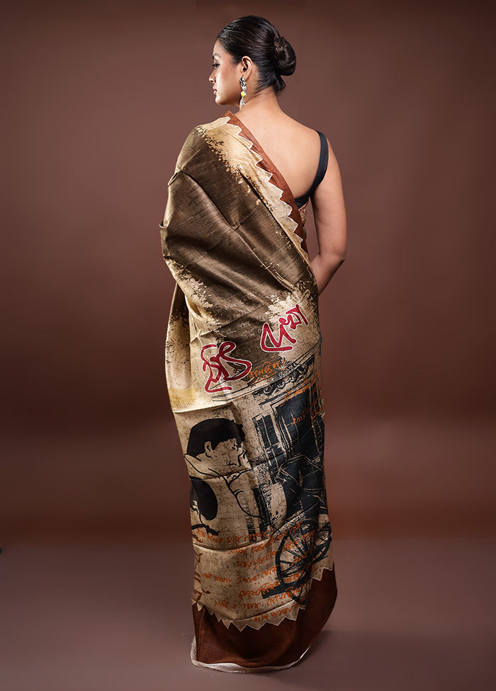 Brown Printed Pure Silk Saree Without Blouse Piece For Sale