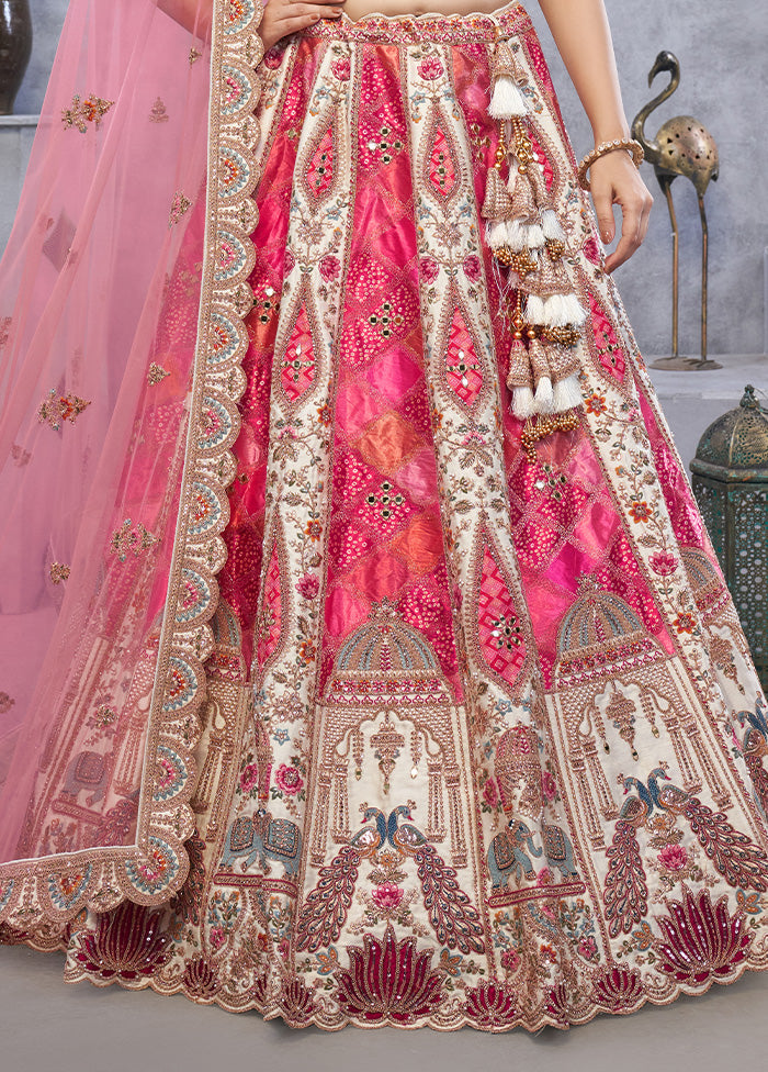 3 Pc Pink Silk Semi Stitched Lehenga Set Cheap Sale