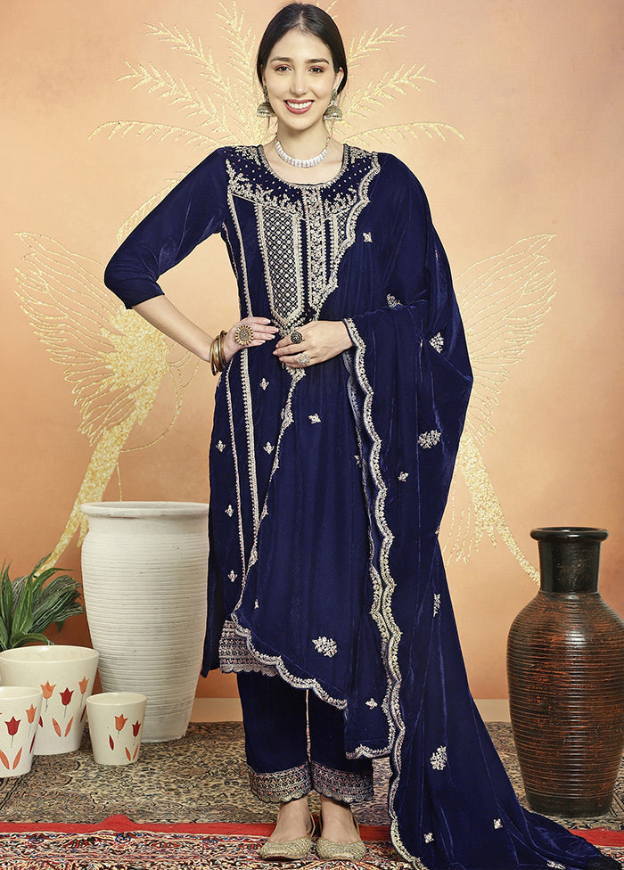 3 Pc Navy Blue Unstitched Velvet Suit Set Discount Latest Collections