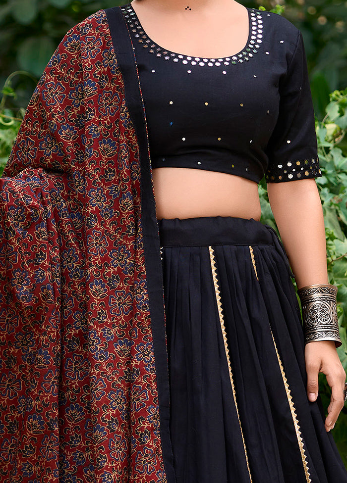 3 Pc Black Pure Cotton Semi Stitched Lehenga Set Excellent Sale Online