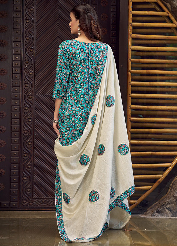 3 Pc Teal Pure Semi Stitched Cotton Dupatta Suit Set Clearance Footlocker Finishline