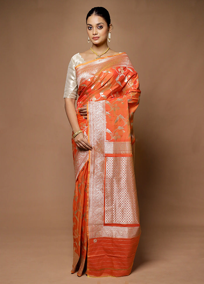 Orange Uppada Silk Saree With Blouse Piece Outlet View