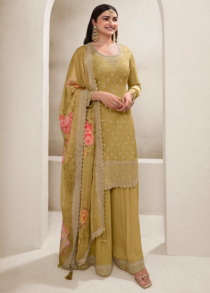 3 Pc Light Yellow Semi Stitched Viscose Suit Set Free Shipping Shop For