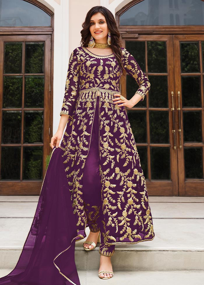 3 Pc Purple Semi Stitched Net Suit Set Fast Delivery For Sale