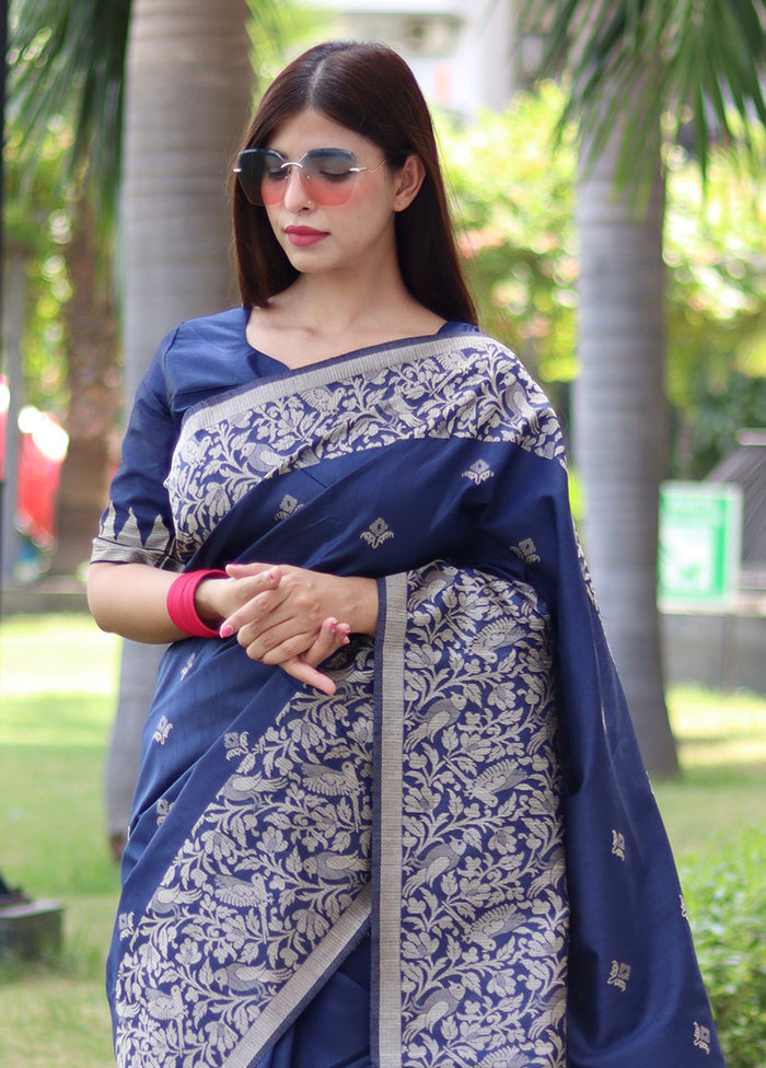 Navy Blue Spun Silk Saree With Blouse Piece Popular Sale Online