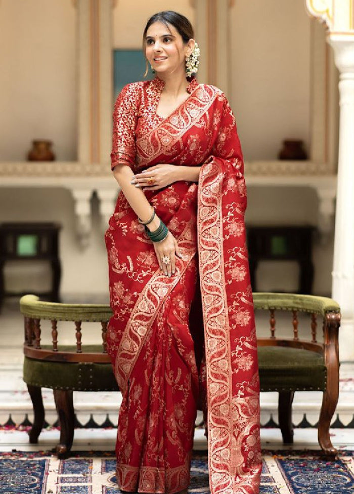 Red Banarasi Silk Saree With Blouse Piece Cheap Pice Low Shipping Fee