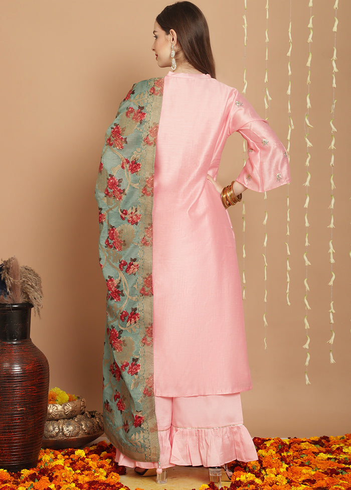 3 Pc Peach Unstitched Chanderi Suit Set Free Shipping Best Pices