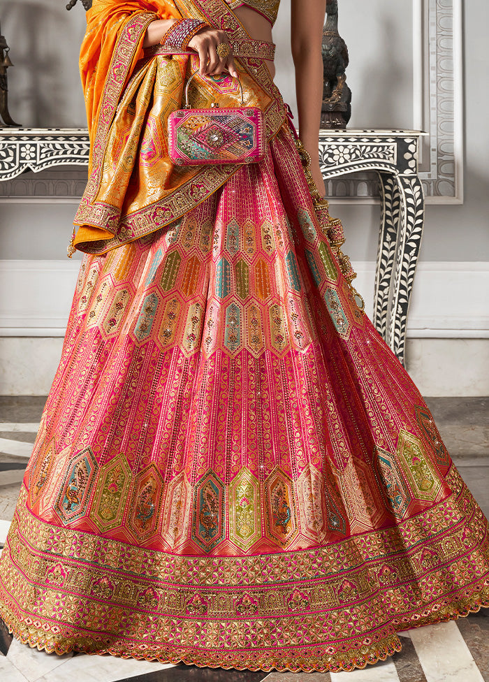 3 Pc Multicolor Silk Semi Stitched Lehenga Set Free Shipping Good Selling