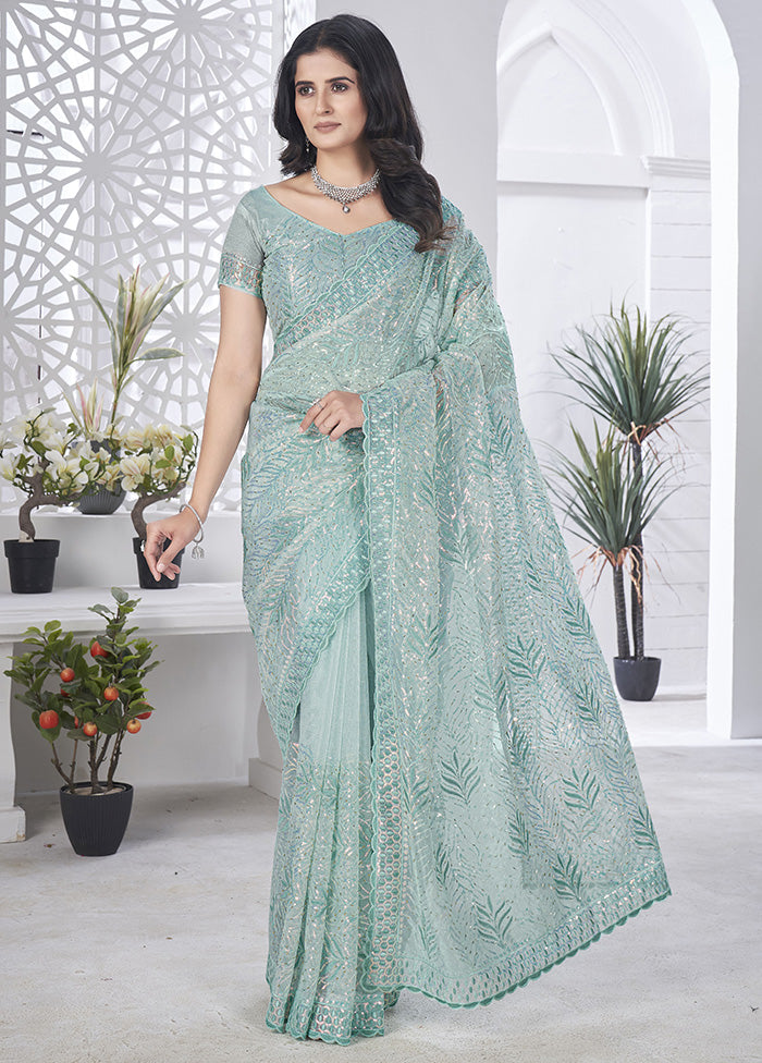 Sea Green Net Net Saree With Blouse Piece Collections Cheap Pice