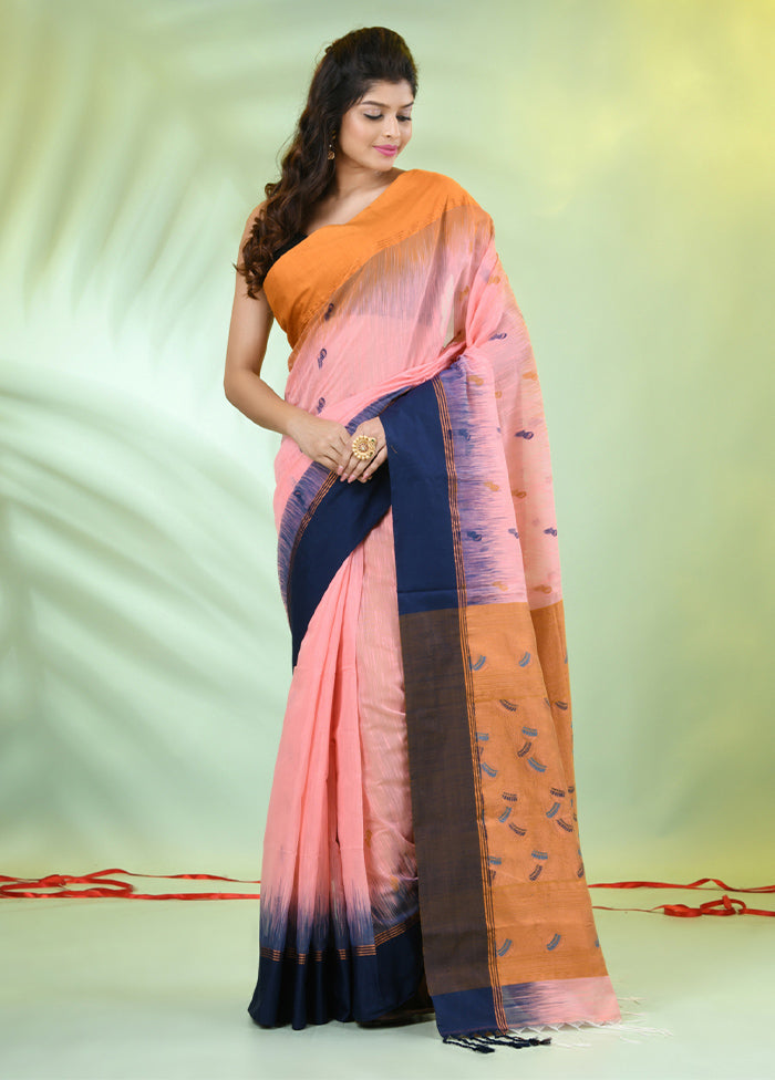 Peach Pure Cotton Saree With Blouse Piece Free Shipping Sale Online