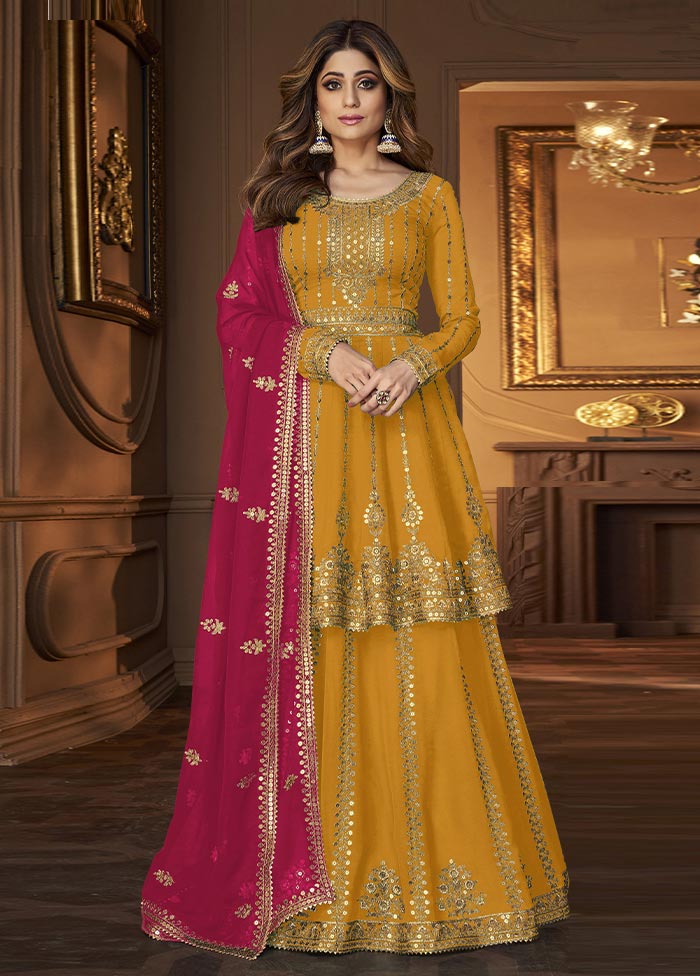 3 Pc Mustard Semi Stitched Georgette Suit Set Discount Low Cost