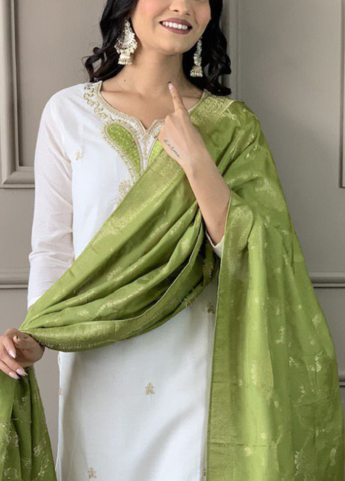 3 Pc White Readymade Chanderi Dupatta Suit Set Enjoy Online