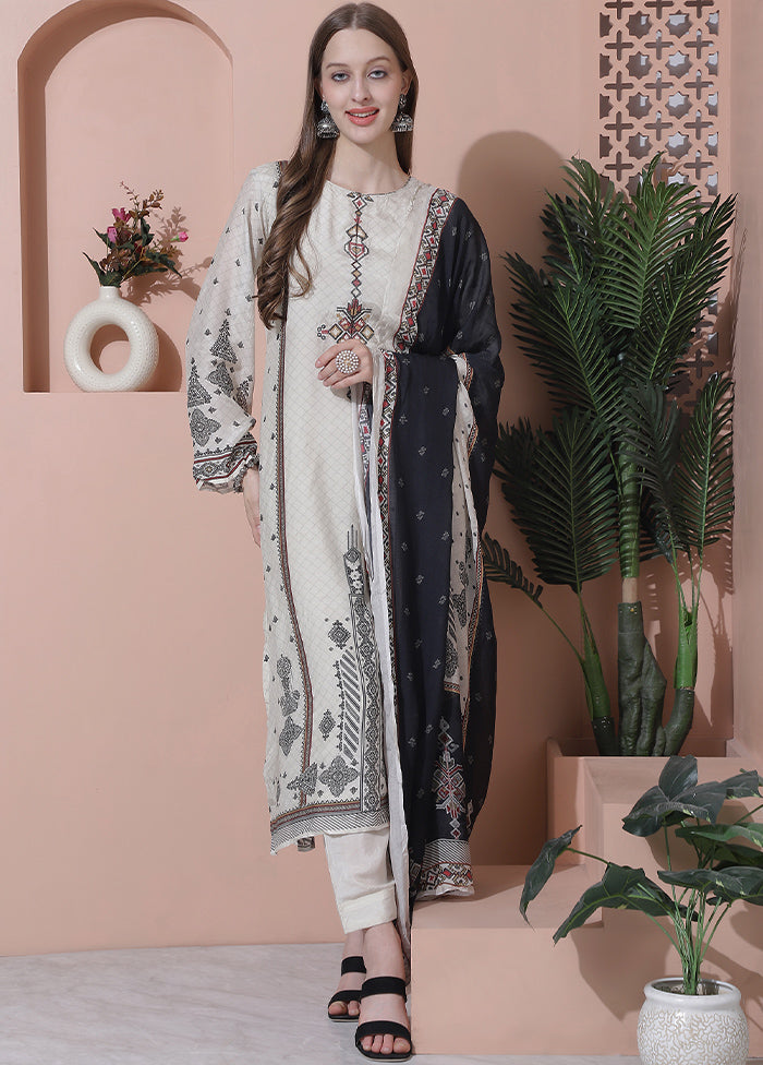 3 Pc Off White Unstitched Silk Suit Set Big Sale Cheap Online