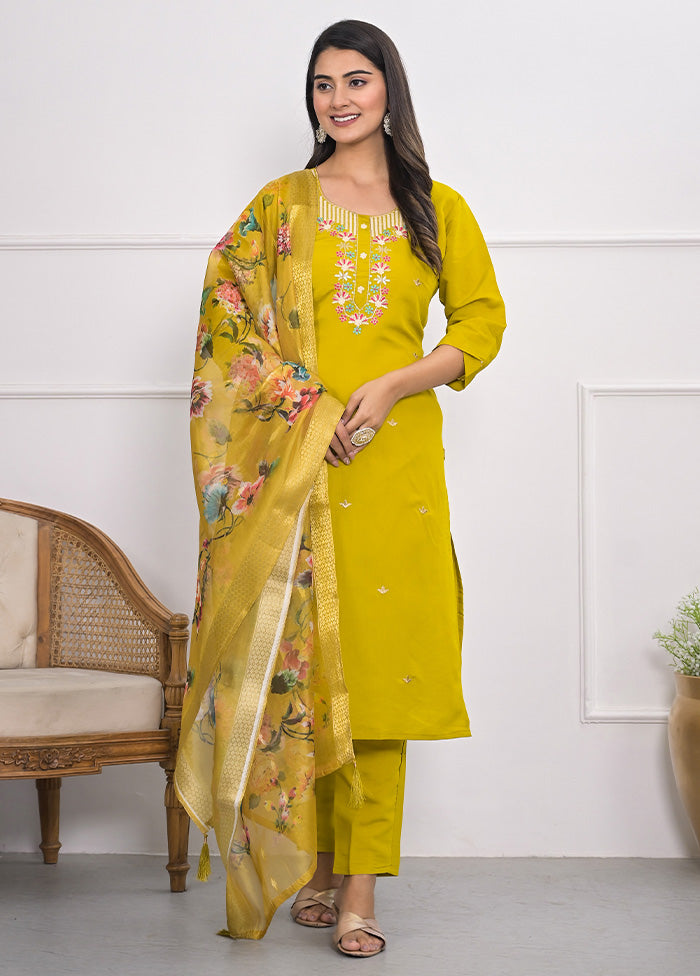 3 Pc Yellow Readymade Viscose Suit Set Outlet Low Shipping Fee