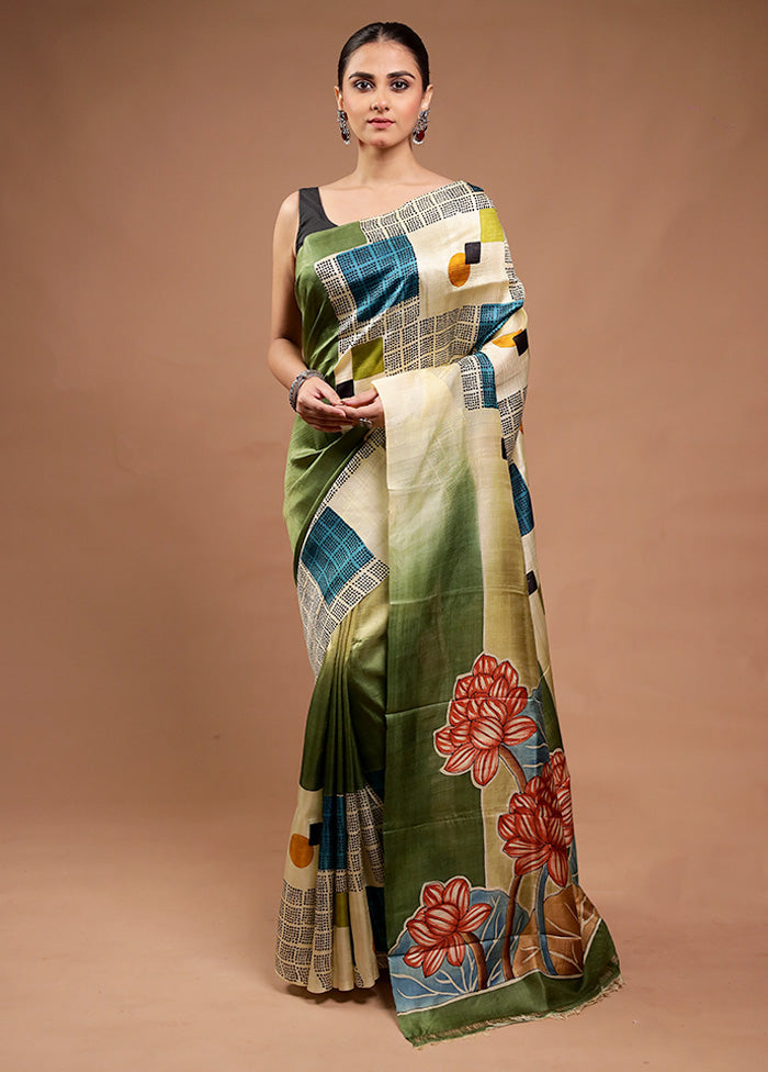 Green Printed Pure Silk Saree Without Blouse Piece Footaction Online