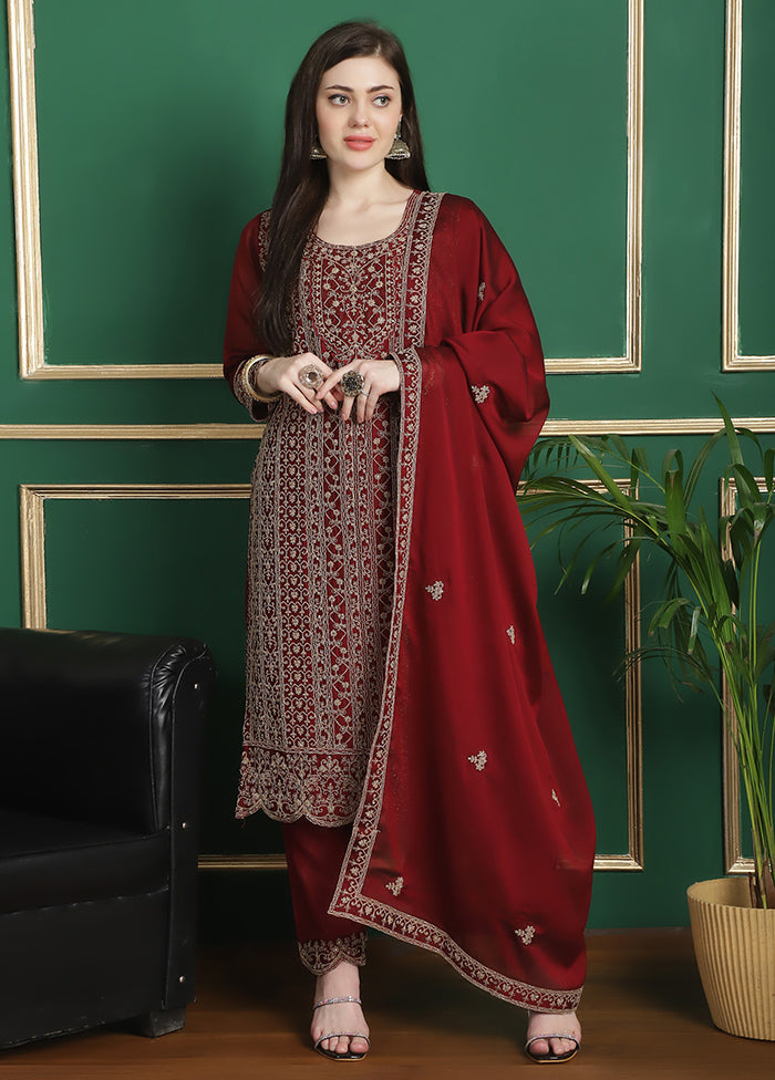 3 Pc Red Unstitched Georgette Suit Set Online Online High Quality