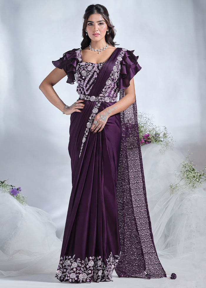 Purple Crepe Silk Saree With Blouse Piece Cheapest For Sale