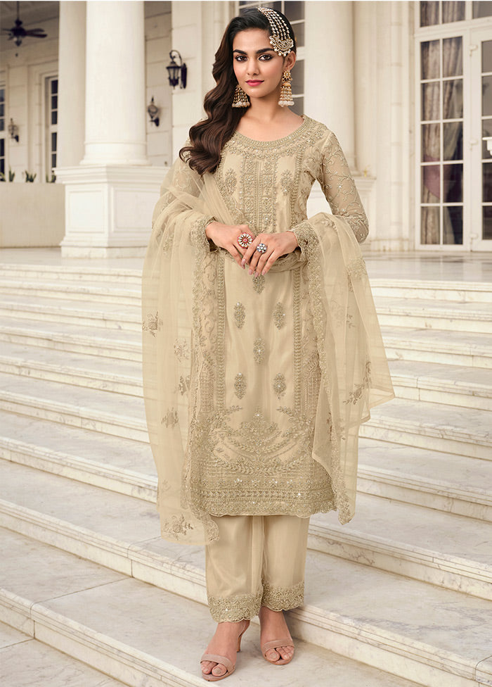 3 Pc Cream Unstitched Net Suit Set Visit New Cheap Pice