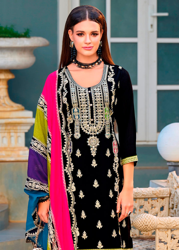 3 Pc Black Semi Stitched Silk Suit Set Real Sale Online