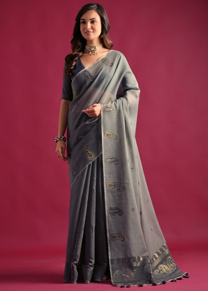 Grey Pure Cotton Saree With Blouse Piece Sale For Nice