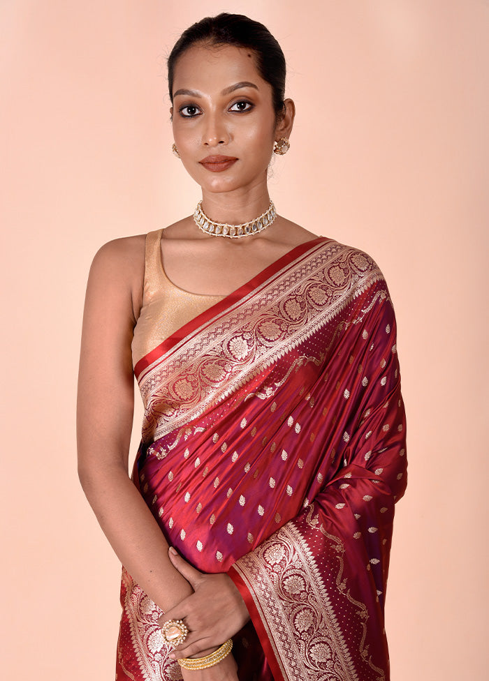 Maroon Banarasi Silk Saree With Blouse Piece Free Shipping Low Shipping