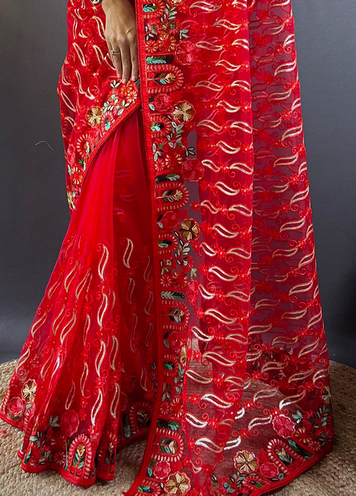 Red Net Net Saree With Blouse Piece Buy Cheap Free Shipping