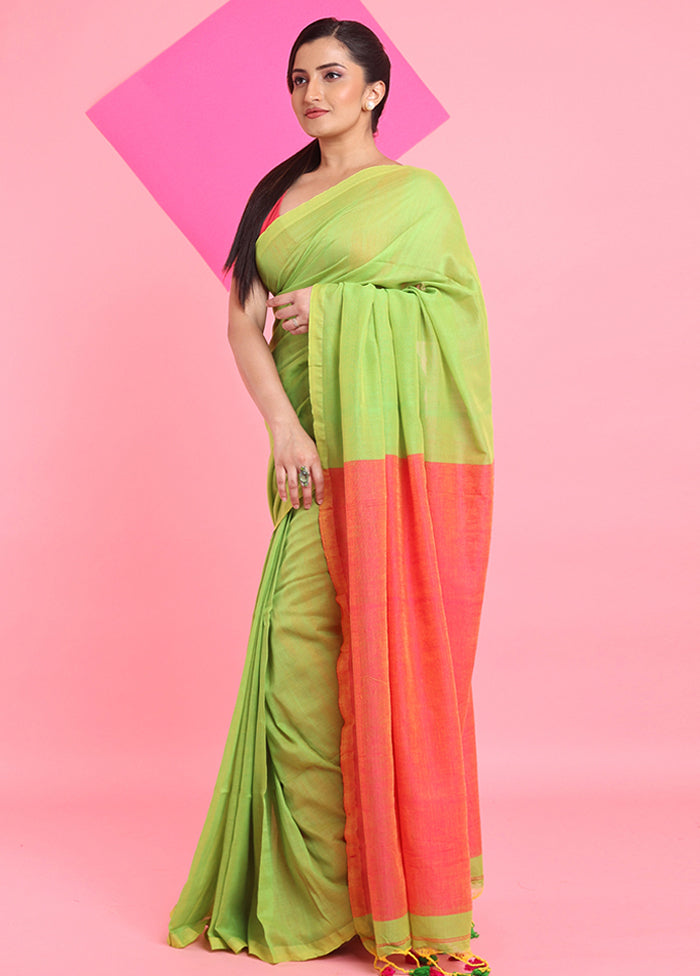 Parrot Green Cotton Saree With Blouse Piece Clearance For Cheap