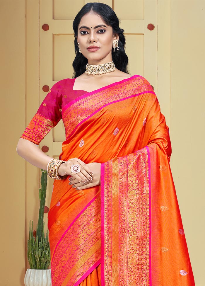 Orange Dupion Silk Saree With Blouse Piece Sale Manchester Great Sale