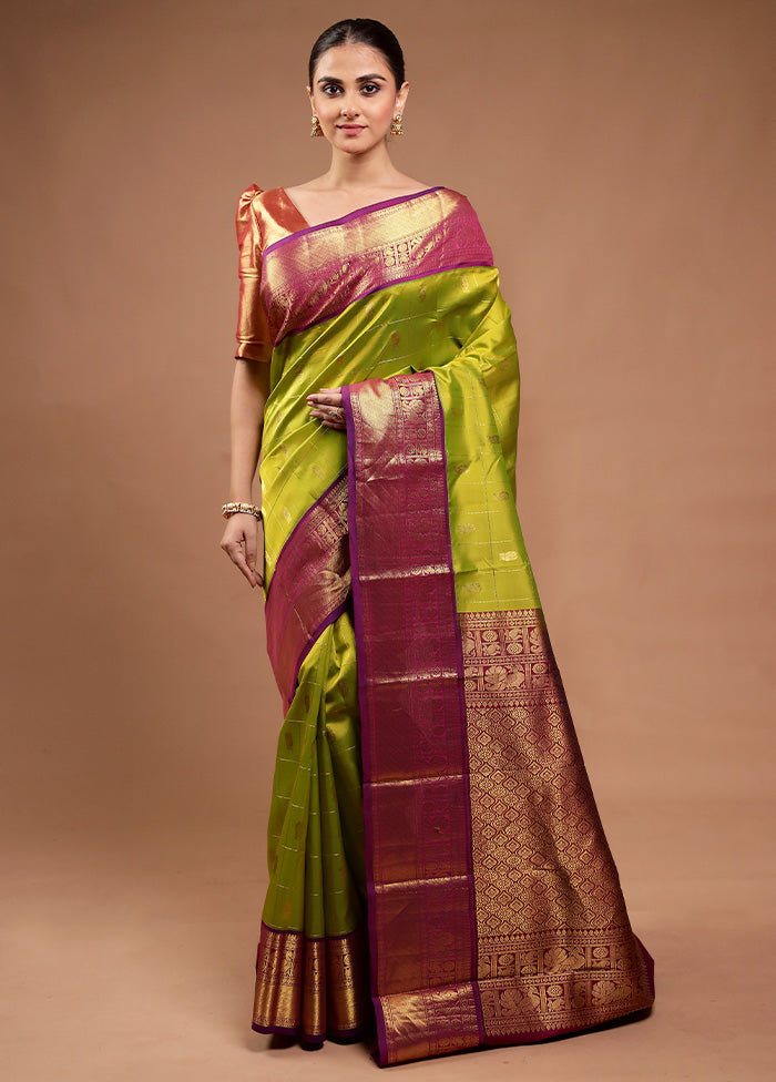 Green Handloom Kanchipuram Pure Silk Saree With Blouse Piece Enjoy For Sale