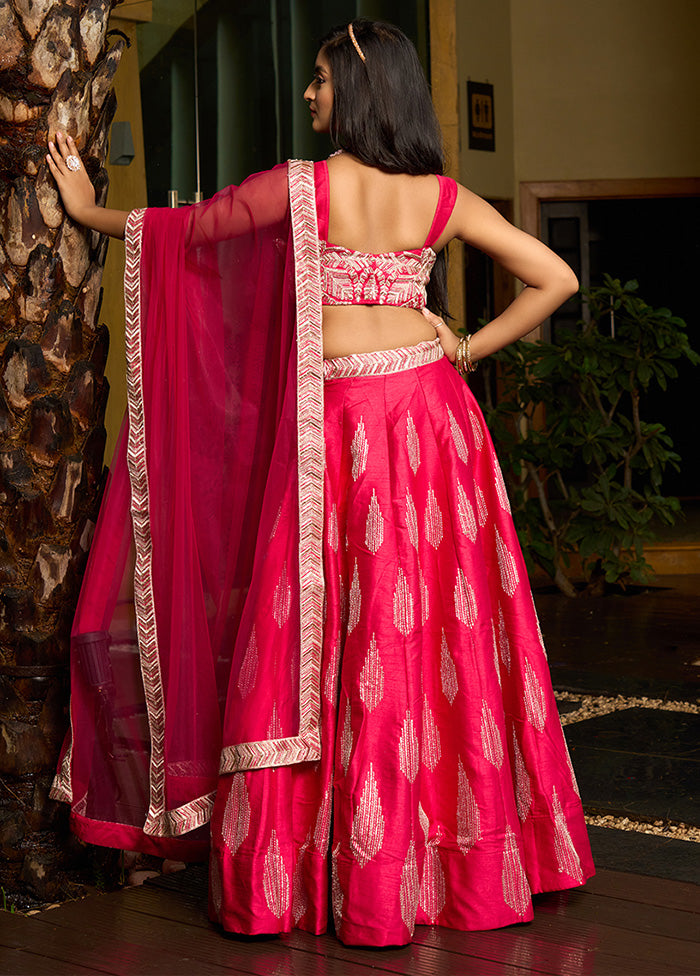 3 Pc Pink Silk Semi Stitched Lehenga Set Footaction Online