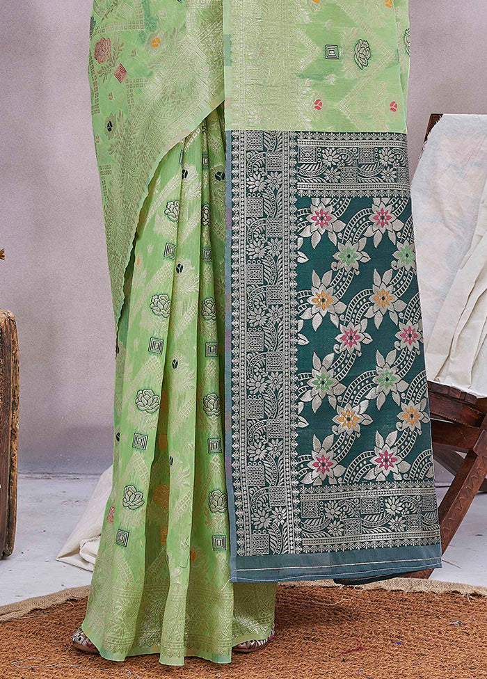 Pista Green Spun Silk Saree With Blouse Piece Outlet Clearance