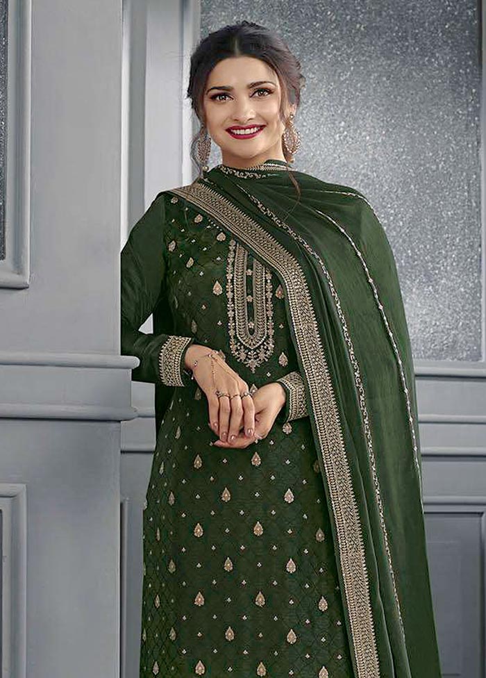 3 Pc Mehendi Green Semi Stitched Silk Suit Set Excellent Online