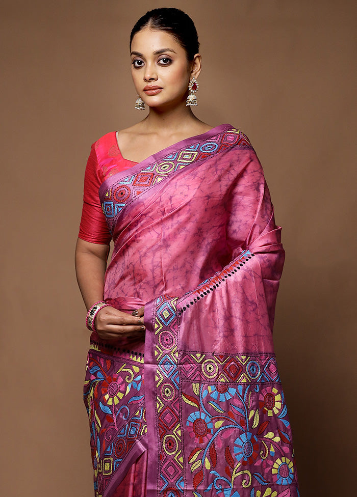 Purple Kantha Stitch Silk Saree With Blouse Piece Websites Cheap Pice