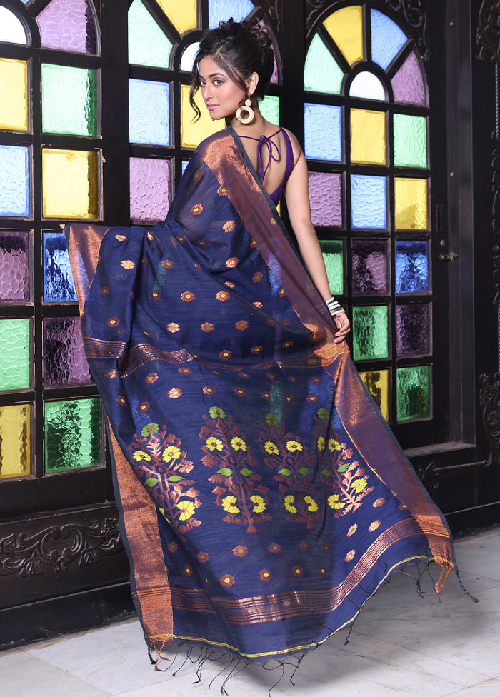 Navy Blue Pure Cotton Saree With Blouse Piece Free Shipping Perfect