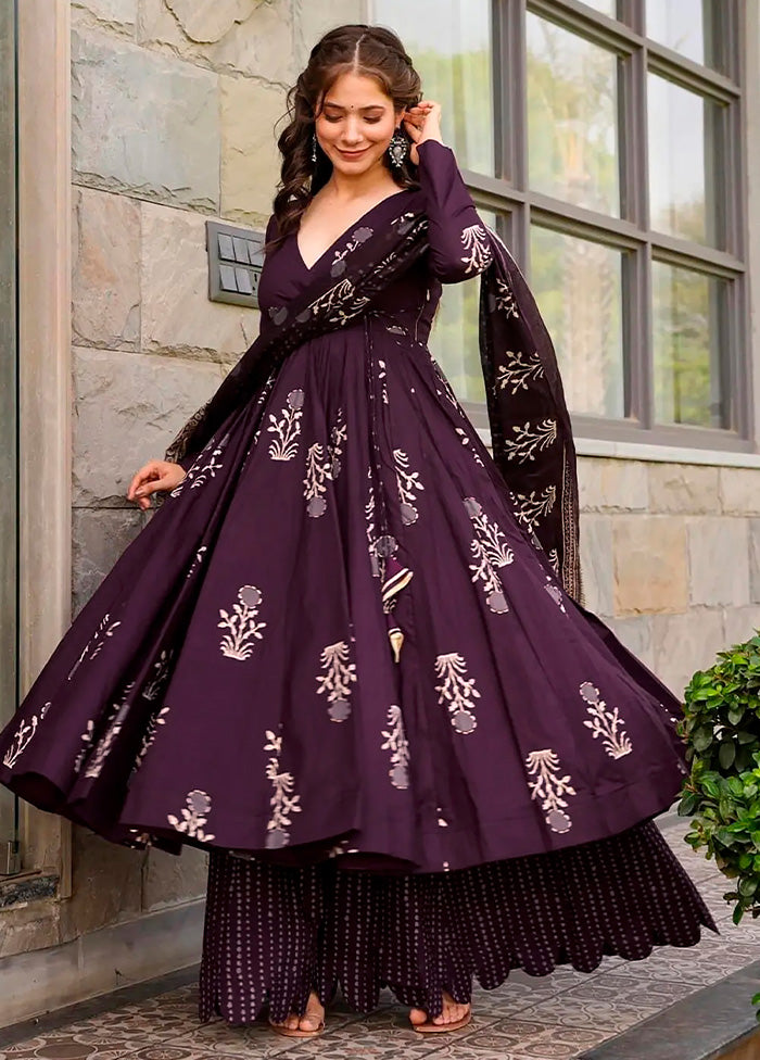 3 Pc Purple Pure Readymade Silk Dupatta Suit Set Excellent Online