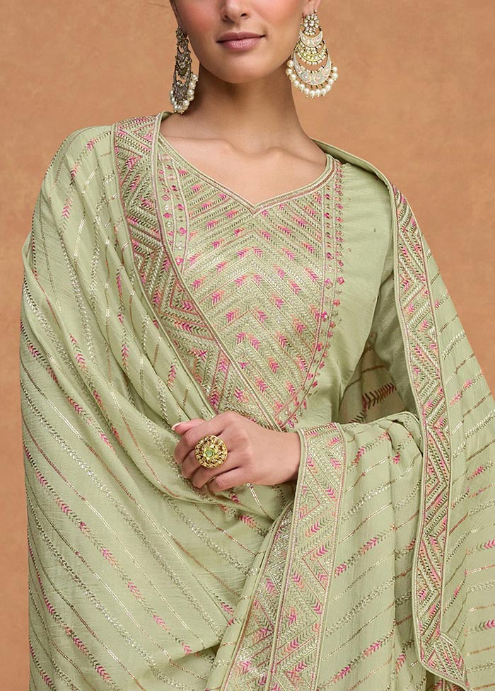 3 Pc Pista Green Semi Stitched Silk Suit Set For Cheap Sale Online