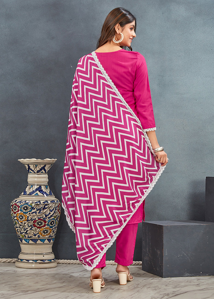 3 Pc Pink Readymade Rayon Dupatta Suit Set Best Seller For Sale