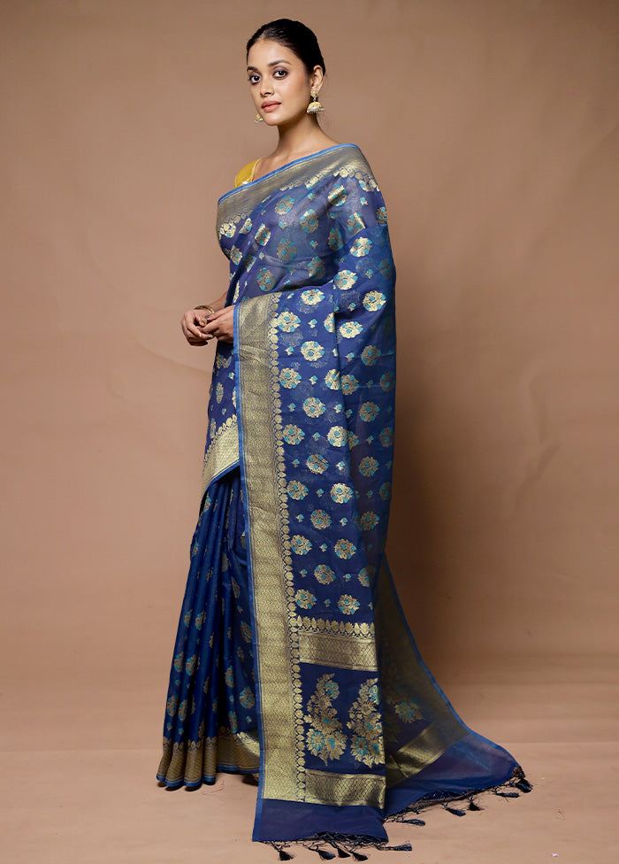 Blue Kora Silk Saree With Blouse Piece Outlet Best Pices